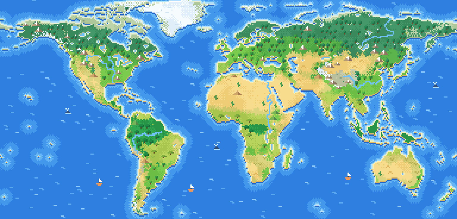 Pixel-art map of the world.